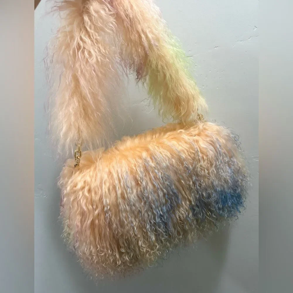 Colorful Real Mongolian Lamb Fur Handmade Boho Style, Fold Over Flap Handbag